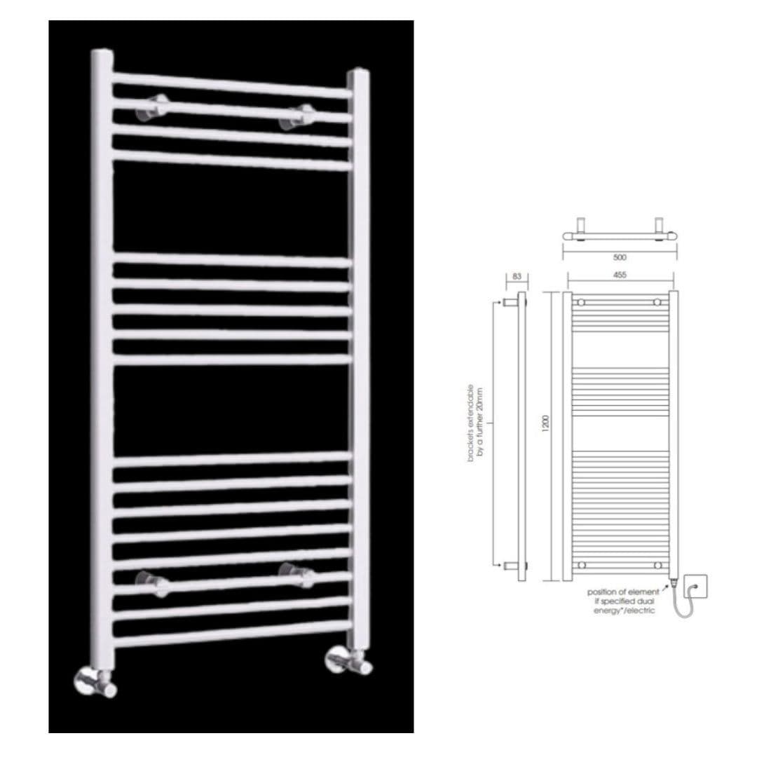Arley Loco Straight White Towel Warmer - 1200 x 500mm - Model RLL512WK