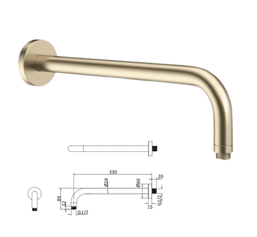 Crosswater Shower Arm 350mm - Brushed Brass PVD Wall Mounted (Model FH684F_V2)