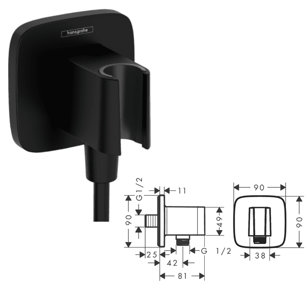 Hansgrohe FixFit Q Wall Outlet with Shower Holder, Matt Black, with Non-Return Valve -Model 26887670