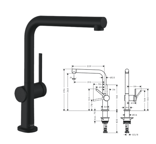 Hansgrohe Talis M54 Kitchen Mixer Tap, Matt Black, Single Lever, 270mm Spout (Model 72840670)