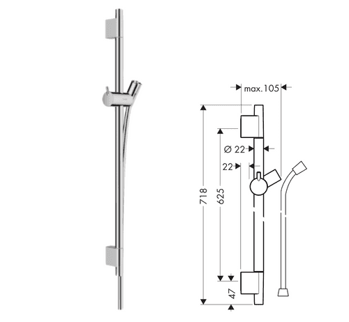 Hansgrohe Unica S Puro Shower Rail Kit, Chrome, 65cm with 1.6m Hose (Model 28632000)