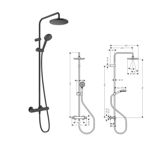 Hansgrohe Vernis Blend Showerpipe 200 1jet EcoSmart with Thermostat Matt Black (Model 26089670)