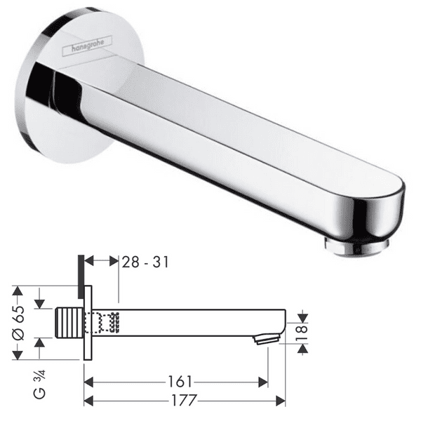Hansgrohe Wall Mounted Metropl S Bath Spout In Chrome - Model 14420000
