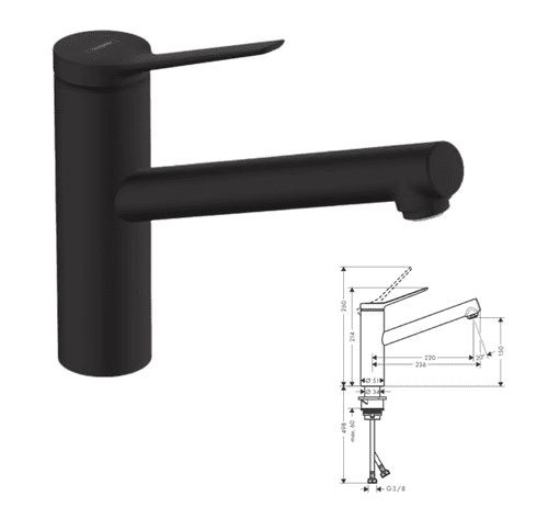 Hansgrohe Zesis M33 Kitchen Mixer Tap, Matt Black; Adjustable Swivel Spout : (Model 74802670)