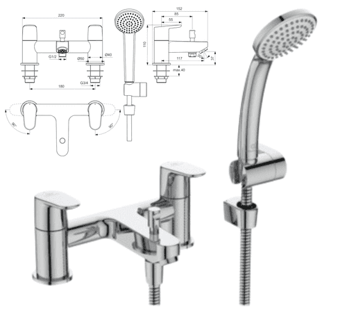 Ideal Standard Cerafine Model O Rim Mounted Bath & Shower Mixer Chrome (Model BC708AA)