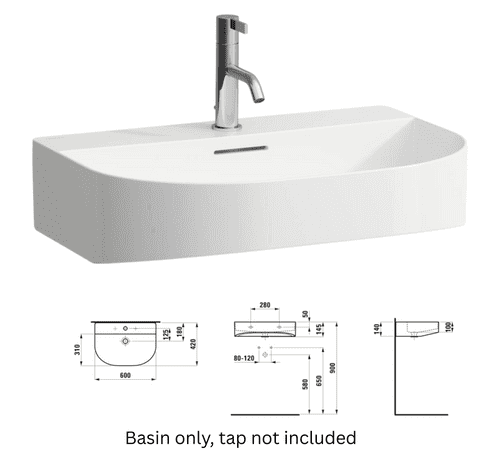 Laufen Sonar 600mm Wall-Hung Washbasin, 1 Tap Hole, White (Model H8103420001041)