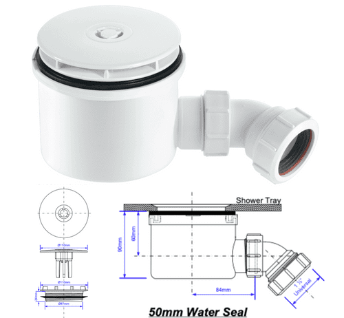 McAlpine 90 mm High‑Flow Shower Trap, 50 mm Seal, 1½″ Outlet (Model ST90WH10‑HP2)