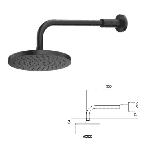 Methven Krome 200mm Overhead Shower & Wall Mounted Shower Arm Matt Black - Model KSABK