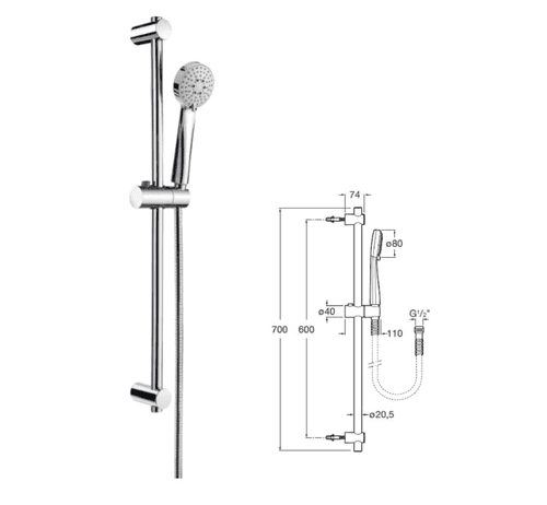 Roca Stella Shower Kit with 80mm 3-Function Handshower, 700mm Slide Rail, Chrome (Model A5B1403C00)