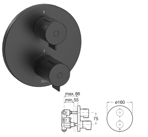 Roca T-500 Built-In Thermostatic Bath Shower Mixer, 2 Way, with Trim Plate (Model A5A2K18NB0)