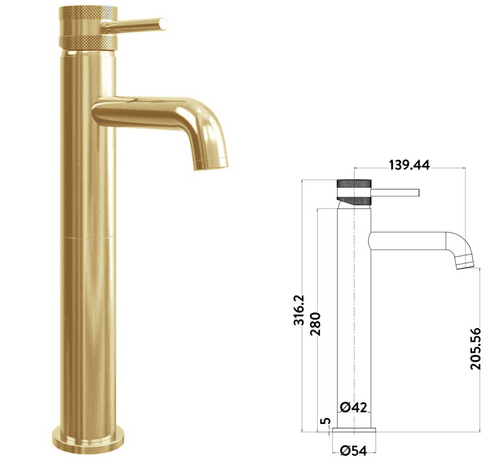 Scudo Core Tall Mono Basin Mixer In Brushed Brass: Model NU-006