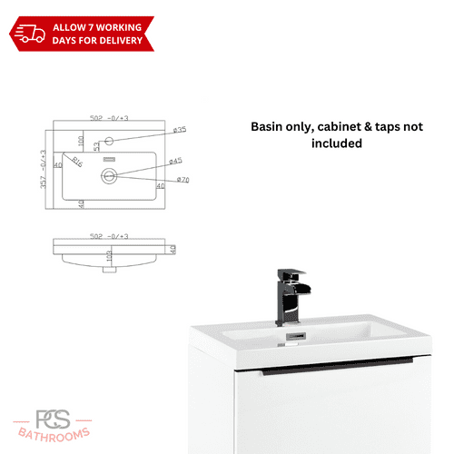 Scudo Muro 500 x 357mm 1TH Vanity Washbasin, White: Model MURO-500WHBASIN