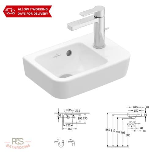 V & B O.Novo Basin Compact - 360x250mm - 1x RH Taphole, With Overflow, White: Model 4343.36.01