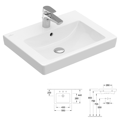V&B - Subway 2.0 Washbasin, 550 x 440 x 150 mm, White Alpin, With Overflow - Model 7113F501