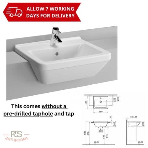 Vitra S50 Semi Recessed Square 55cm Basin - NO TAPHOLE - Model 5598B003-0012
