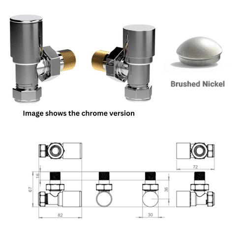 Vogue Arne Angled Radiator Valves, Brushed Nickel, 15mm Pipe, ½″ BSP (Model VL003-15MMAP-BRN)