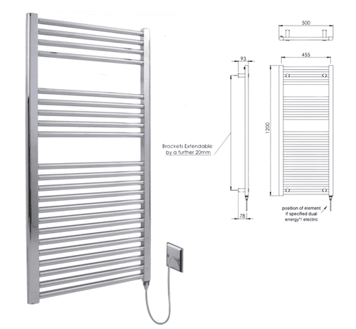 Vogue Electric Towel Rail 1200 x 500mm, Chrome, Mild Steel (Model MD001 MS1200500CP-E)