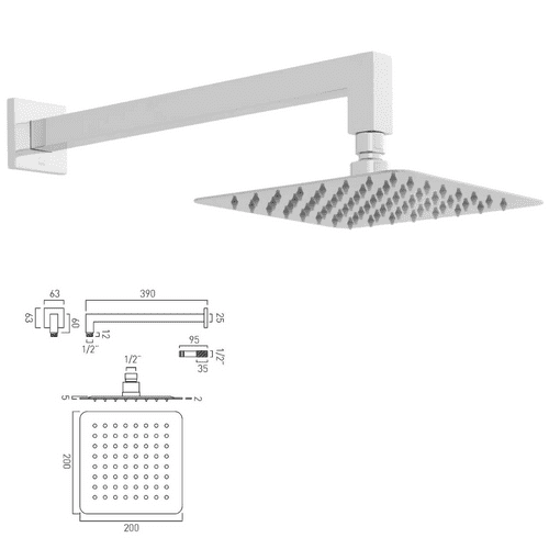 WAS £99.97 - Vado 200mm Aqua Blade Square Showerhead With 9l Flow Restrictor - AQB-SQ/20/SA/A-FR9CP