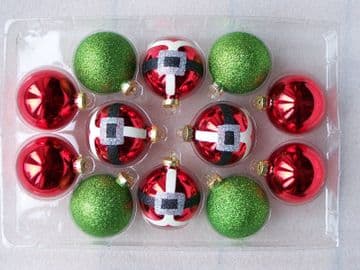 12 Luxury Glass Red Santa Suit Red Green Glitter Baubles 65mm