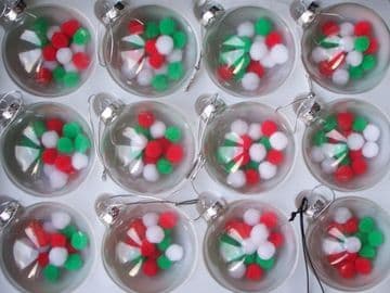 12 x 80mm Clear Glass Christmas Pom Pom Baubles