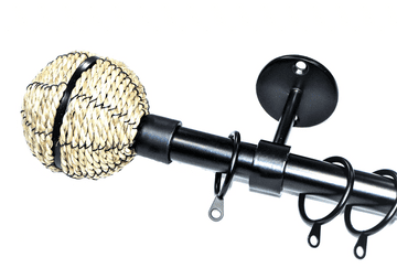 16/19mm Matt Black Extendable Ceiling Curtain Pole with Rope Ball Finials 1.2m - 2.1m