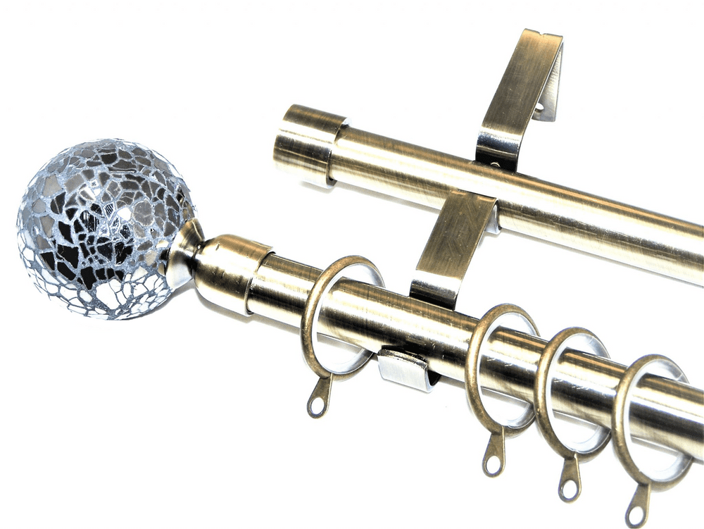 19/19mm Double Antique Brass Curtain Pole Black Mosaic Finials Glider Rings