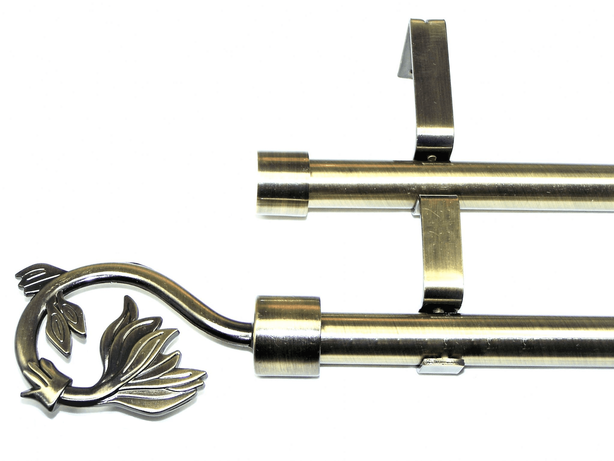 19/19mm Double Layer Antique Brass Eyelet Curtain Pole Swirl Leaf Finials