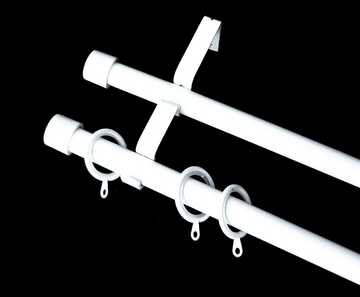 19/19mm Double White Extendable Curtain Pole with Glider Rings End Cap Finials 1.2m - 2.1m