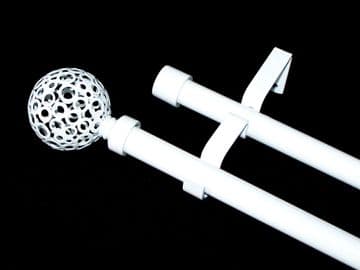 19/19mm Double White Extendable Eyelet Curtain Pole Circle Ball Finials 1.2m - 2.1m