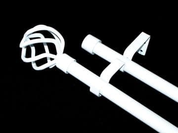 19/19mm Double White Extendable Eyelet Curtain Pole Twisted Cage Finials 1.2m - 2.1m