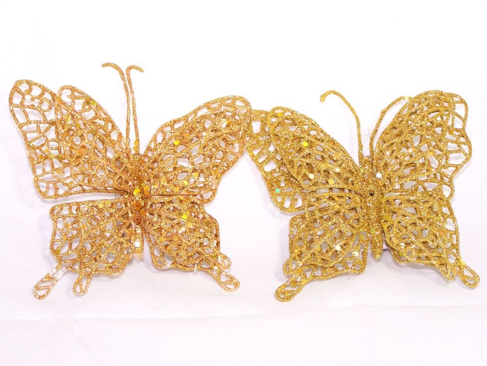 2 Premier Gold Glitter Butterfly Clip on Christmas Tree Decorations