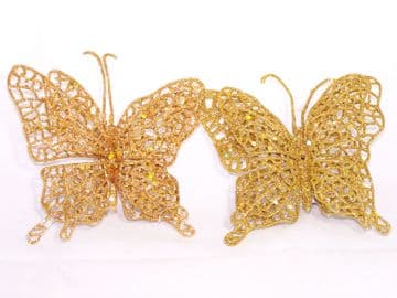 2 Premier Gold Glitter Butterfly Clip on Christmas Tree Decorations