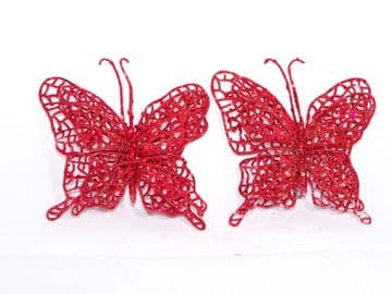 2 Premier Red Glitter Butterfly Clip on Christmas Tree Decorations