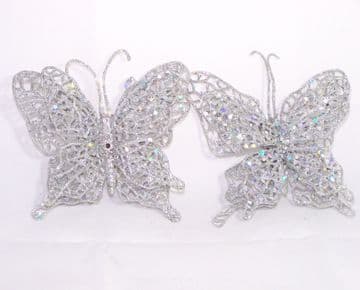 2 Premier Silver Glitter Butterfly Clip on Christmas Tree Decorations