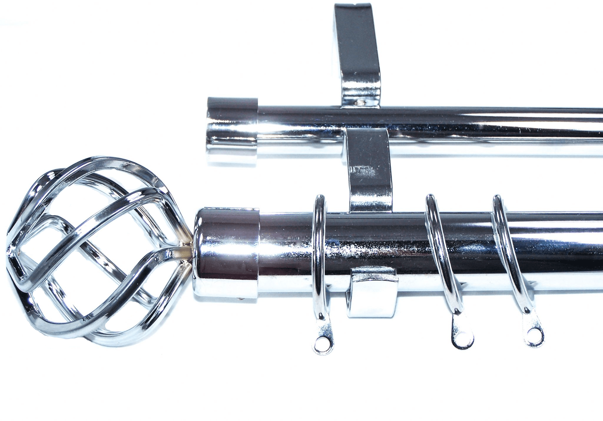 28/19mm Double Chrome Curtain Pole Glider Rings Twisted Cage Finials