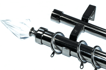 28/19mm Double Graphite Black Curtain Pole Glider Rings Crystal Spear Finials