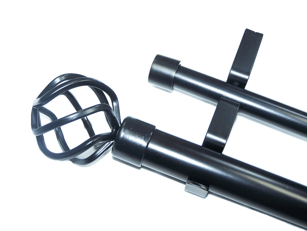 28/19mm Double Layer Matt Black Eyelet Curtain Pole Twisted Cage Finials