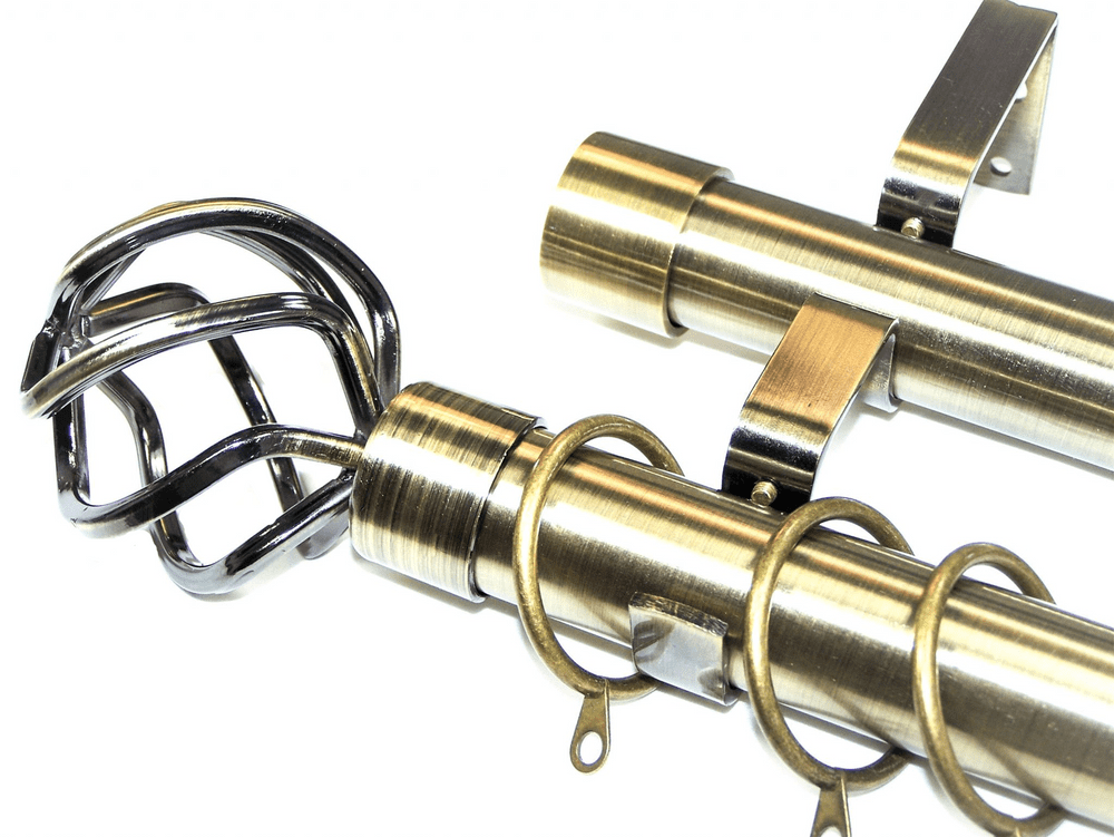 28/28mm Double Layer Antique Brass Curtain Pole Twisted Cage Finials