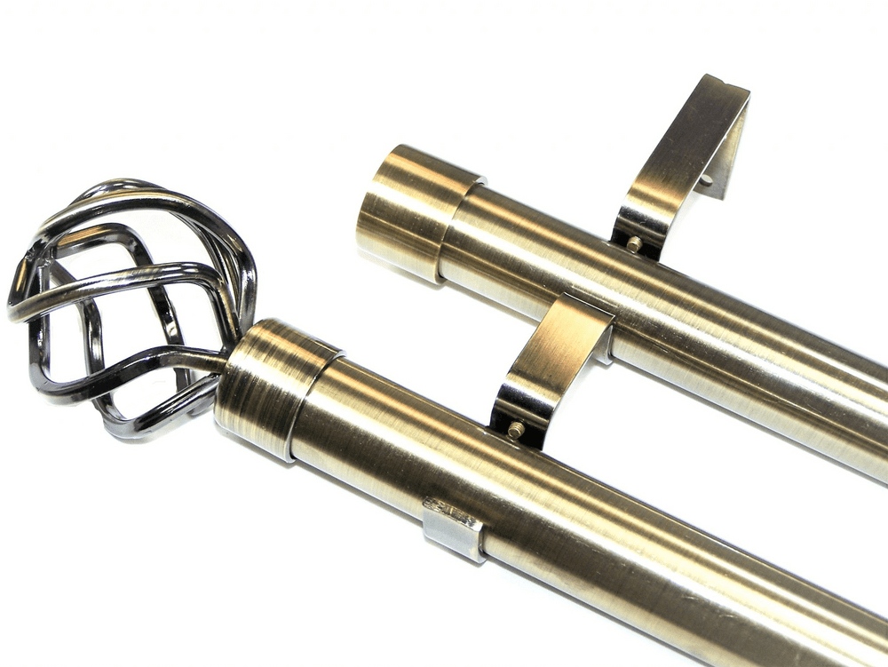 28/28mm Double Layer Antique Brass Eyelet Curtain Pole Twisted Cage Finials