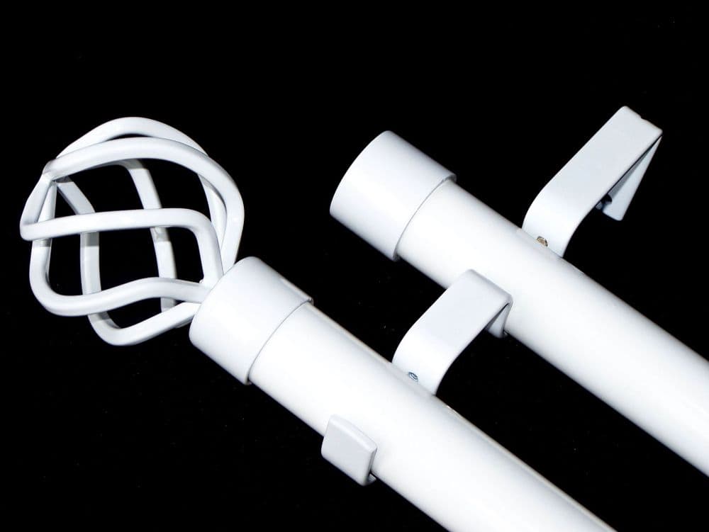 28/28mm Double Layer Gloss White Eyelet Curtain Pole Twisted Cage Finials