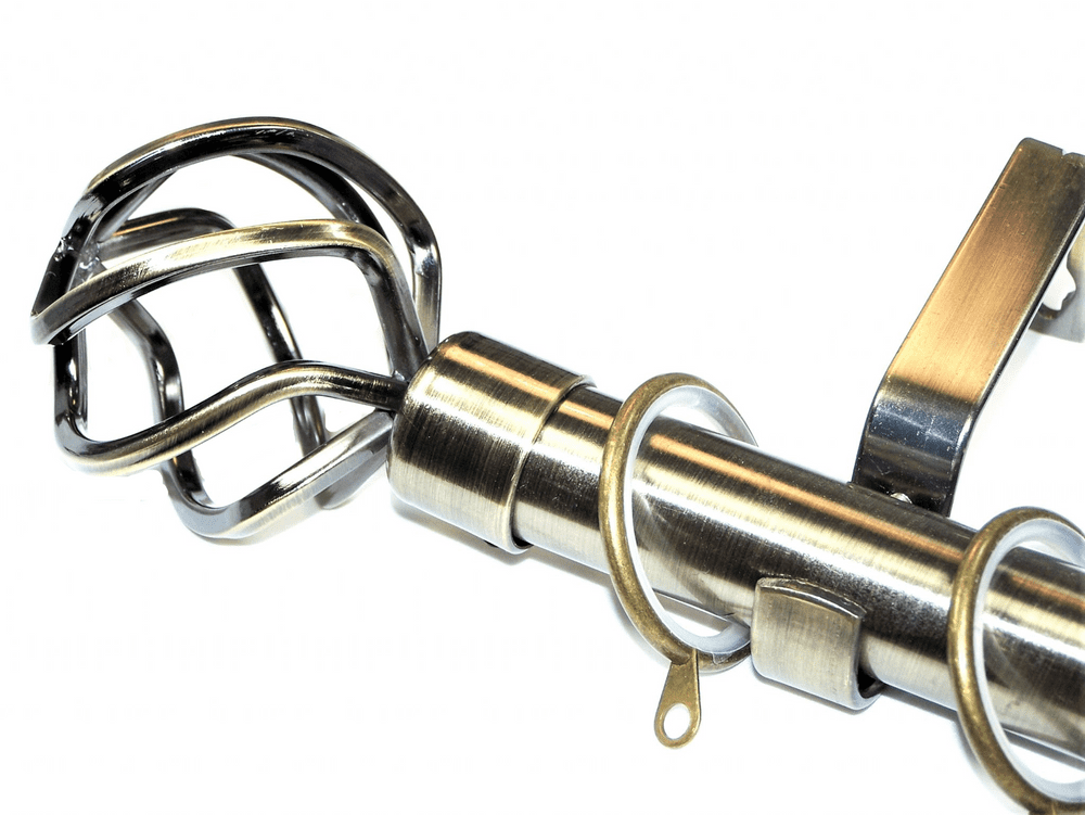 28mm Antique Brass Curtain Pole Glider Rings Twisted Cage Finials