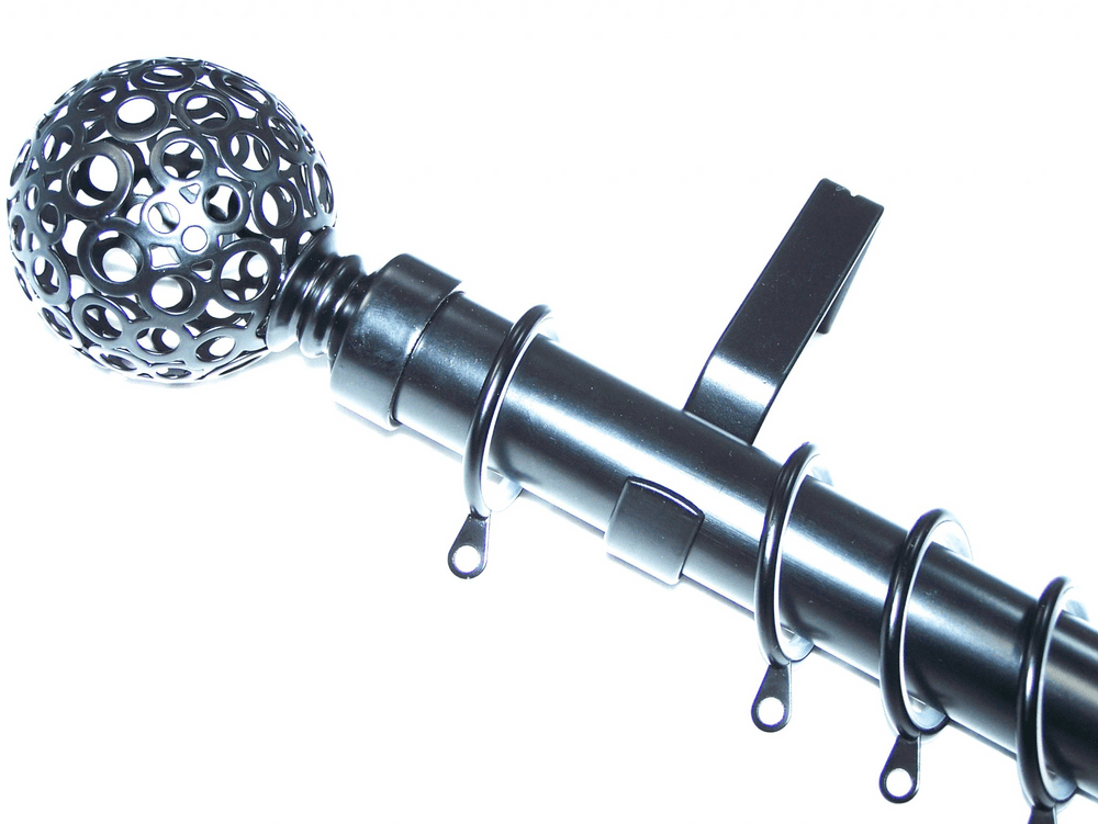 28mm Matt Black Curtain Pole Glider Rings Circle Ball Finials