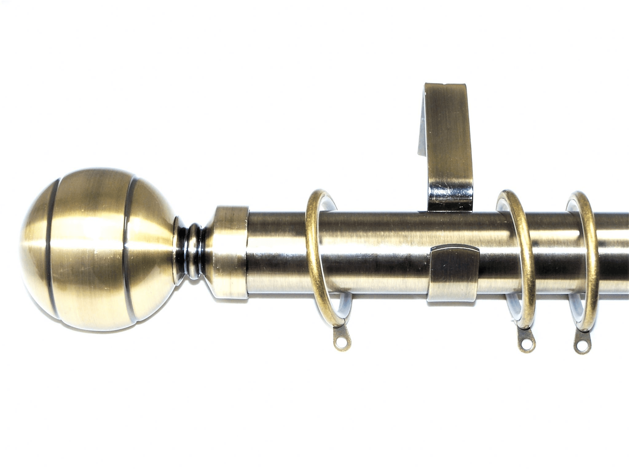 35mm Antique Brass Curtain Pole Glider Rings Ribbed Ball Finials