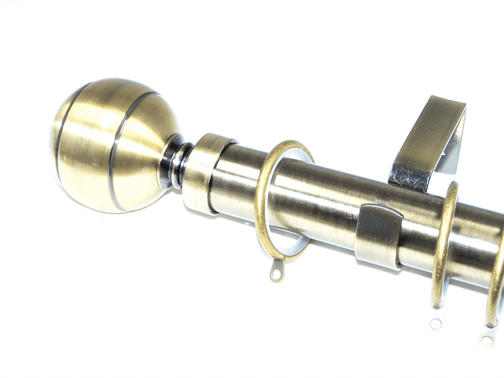 35mm Antique Brass Curtain Pole Glider Rings Ribbed Ball Finials