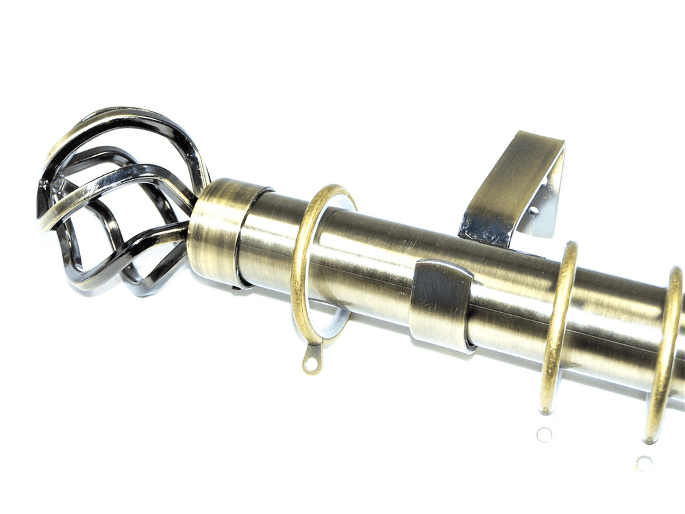 35mm Antique Brass Curtain Pole Glider Rings Twisted Cage Finials