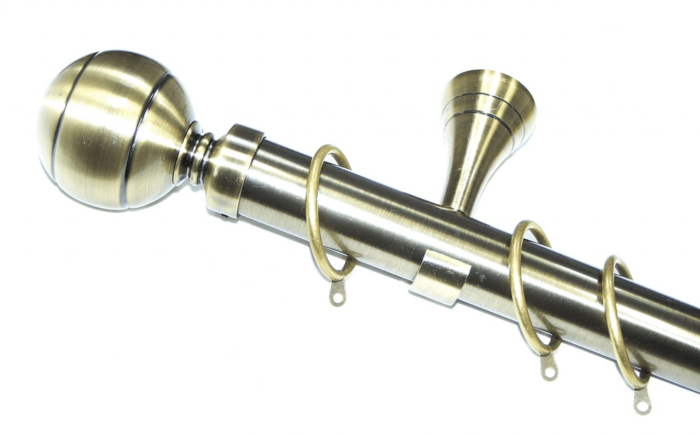 35mm Designer Antique Brass Curtain Pole System Ribbed Ball Finials