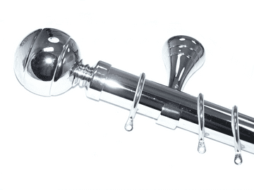 35mm Designer Chrome Curtain Pole Ribbed Ball Finials Glider Rings
