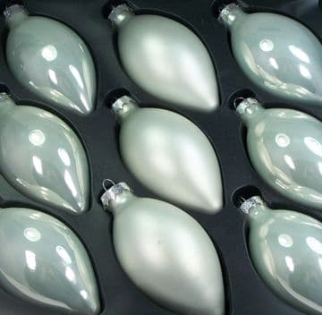 Premier Range 110mm Pearlized & Matt White Olive Glass Baubles x 9
