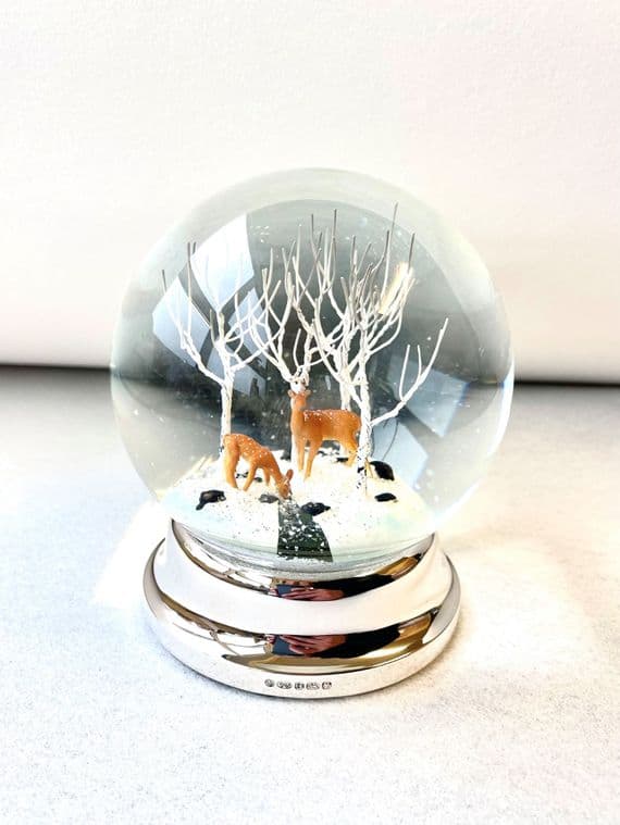 Deer in the woods Snow Globe with Sterling Silver foot