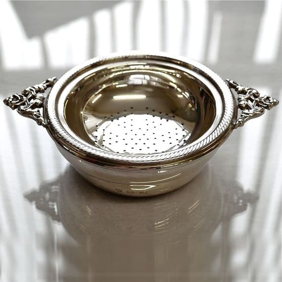 Sterling Silver Double Handled Tea Strainer with Bowl